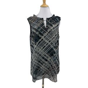 Cabi Top Womens M Medium Plaid Floral Graphic Trellis Ruffled Collar Keyhole Tie